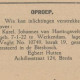 Oproep van medeonderduiker - die in 1948 huwde met de zuster van Karel - in weekblad 'De Vrije Stem' dd 16 juni 1945