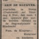 Advertentie in Merwestreek november 1949 waarin herbegrafenis Arie de Kluijver wordt aangekondigd
