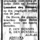 Rouwadvertentie Leendert den Dunnen, bron: "Rondom de Giessen", 15 juni 1945